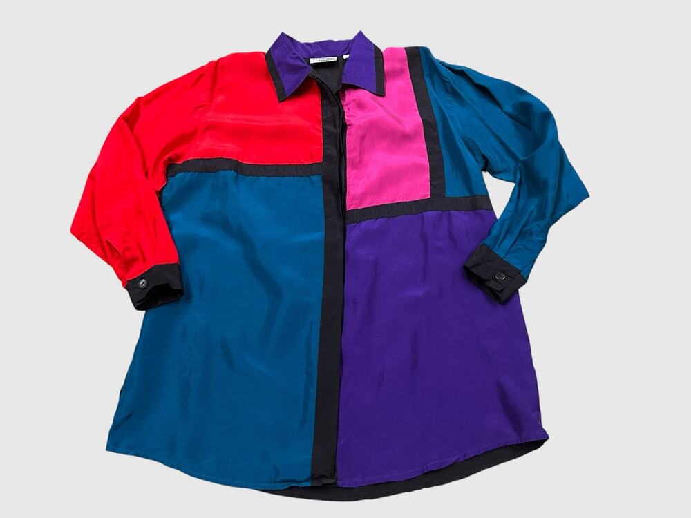 Vintage 80s 90s Silk Colorblock Shirt Oversized Art Teacher Dopamine Blouse -